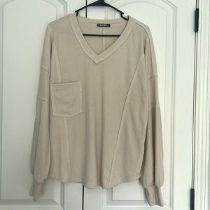 Casual V Neck Ribbed Knitted Shirts Pullover Tunic Loose Balloon Sleeve Blouses